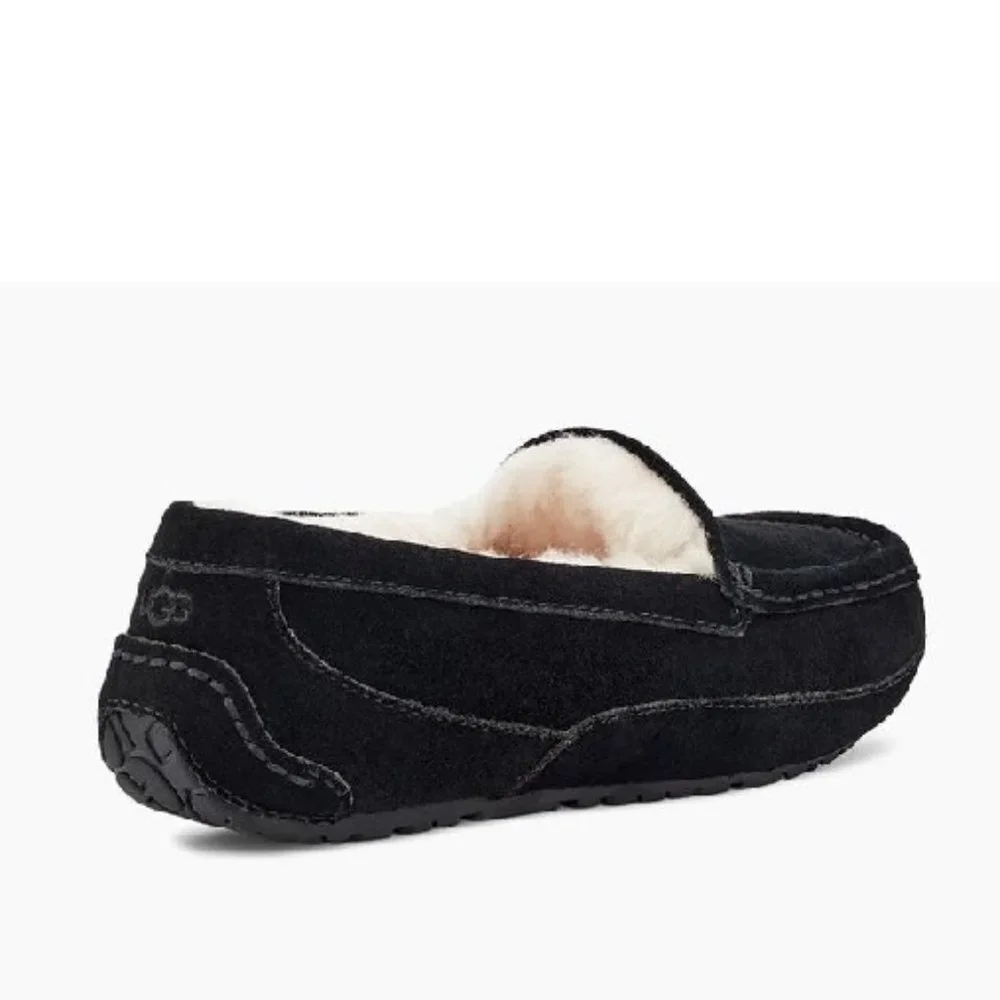 UGG Kids Black Suede Moccasin Slippers with Cream Shearling Lining